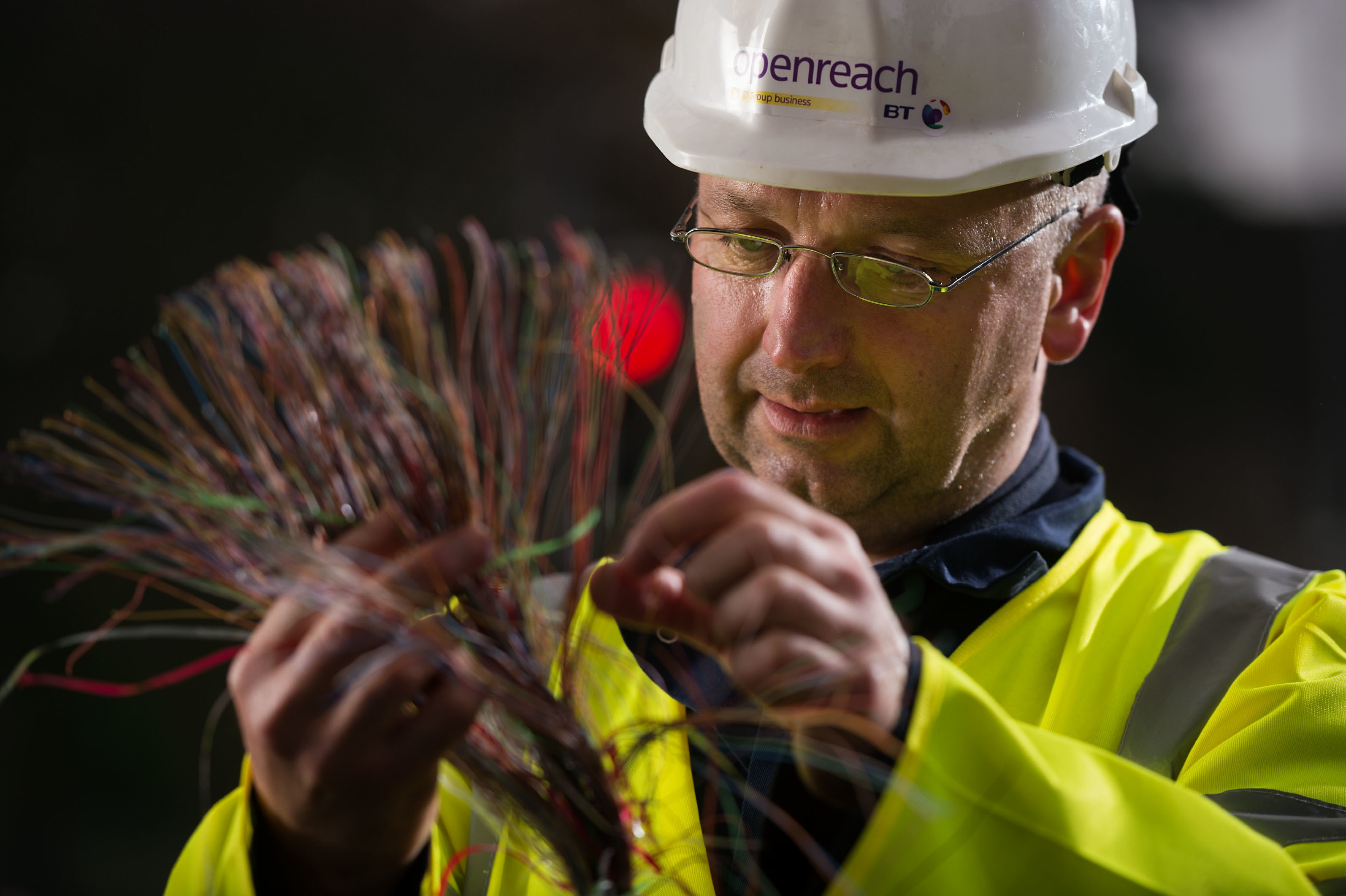 BT Openreach engineer Alistair Mcgowan working on the rollout of high-speed fibre broadband.