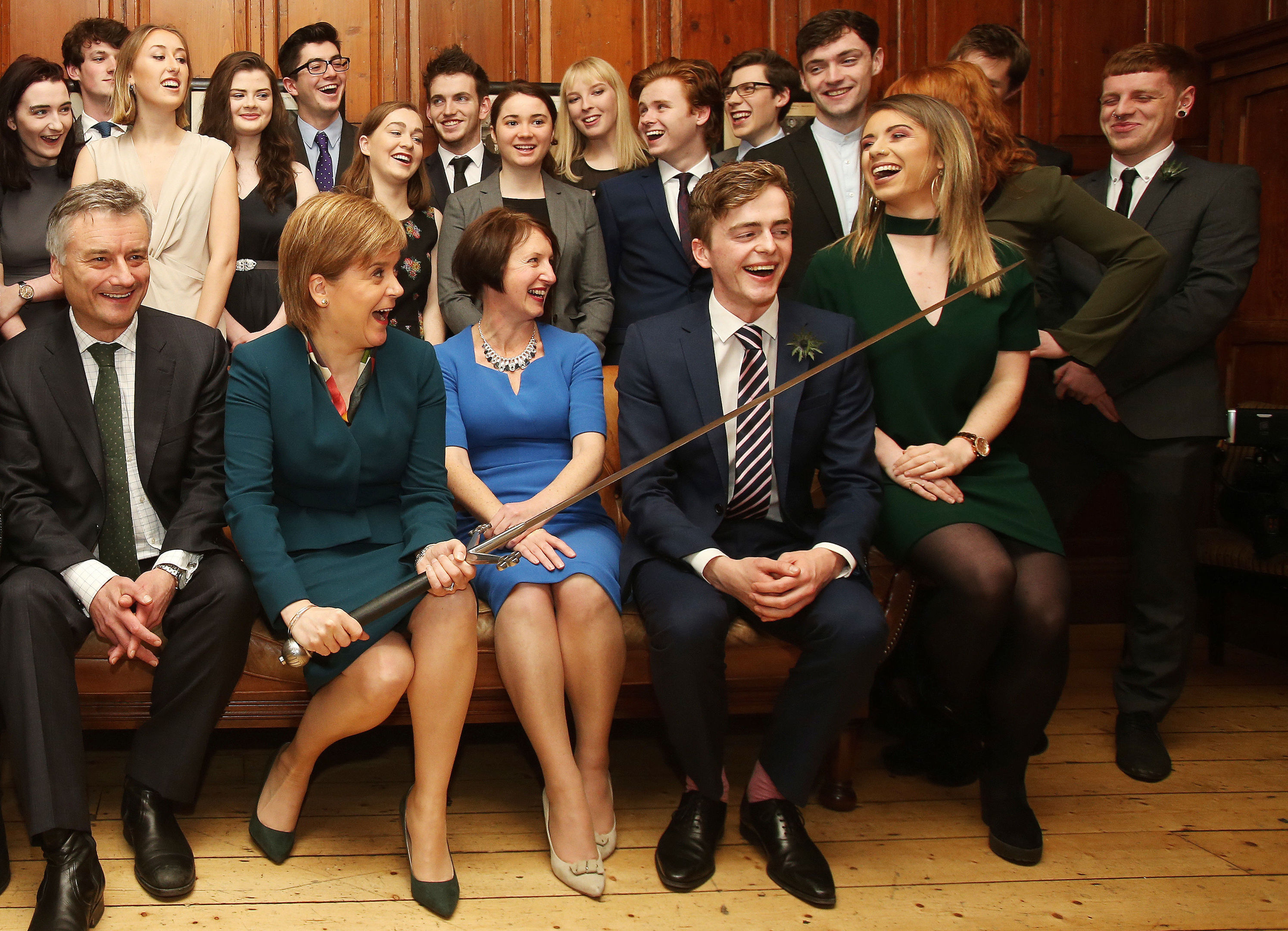 First Minister Nicola Sturgeon and the Provost of Trinity College Dublin, Patrick Prendergast (front left) are joined by 22 members of the Philosophical Society at Trinity College Dublin before she received an honorary patronage from the the college.
