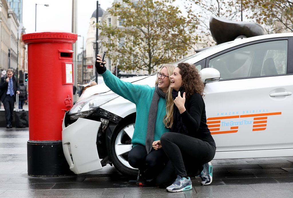  A car 'crashed' into a post box outside King's Cross Station in London, United Kingdom on November 15, 2016, ahead of the launch of 'The Grand Tour'.