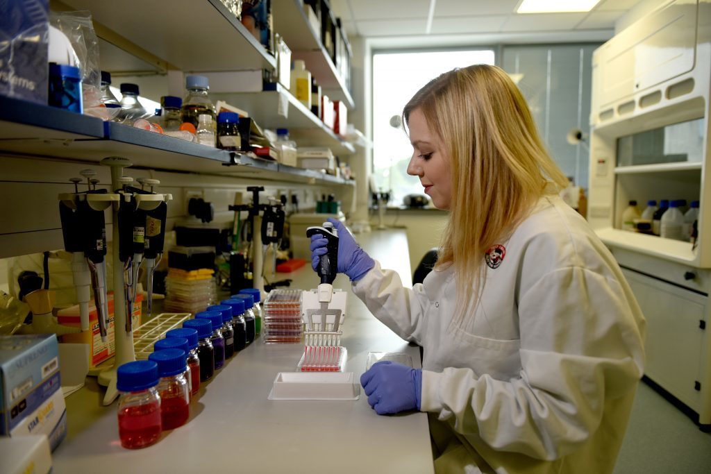 Morven Shuttleworth working in the laboratory at the Jacqui Wood Cancer Centre, Dundee.