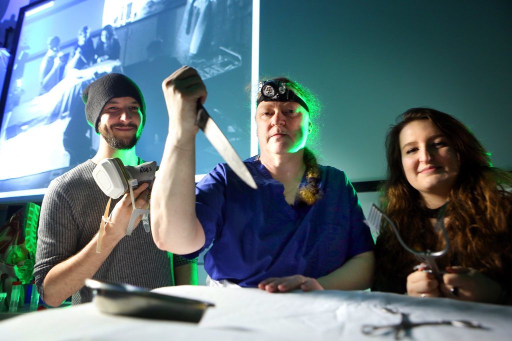 Professor Dame Sue Black with DJCAD students Craig Barbour and Monica Dunne.