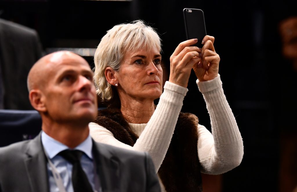 Judy Murray watches as her son Andy Murray of Great Britain is named world number one following a walkover in the Mens Singles semi final against Milos Raonic of Canada on day six of the BNP Paribas Masters at Palais Omnisports de Bercy on November 5, 2016 in Paris, France. 