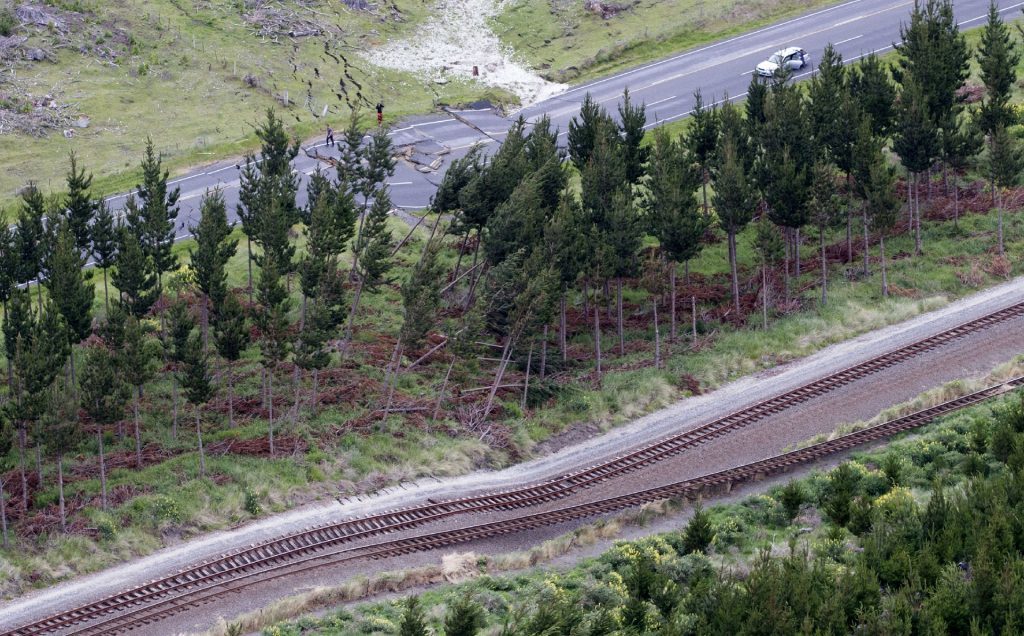 Earthquake damage on State Highway One and the main trunk railway line.