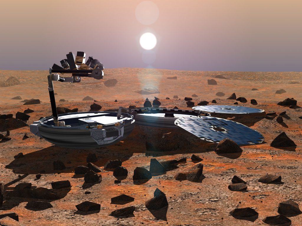 A 2002 impression of how the Beagle 2 landing craft might have looked once landed on Mars.