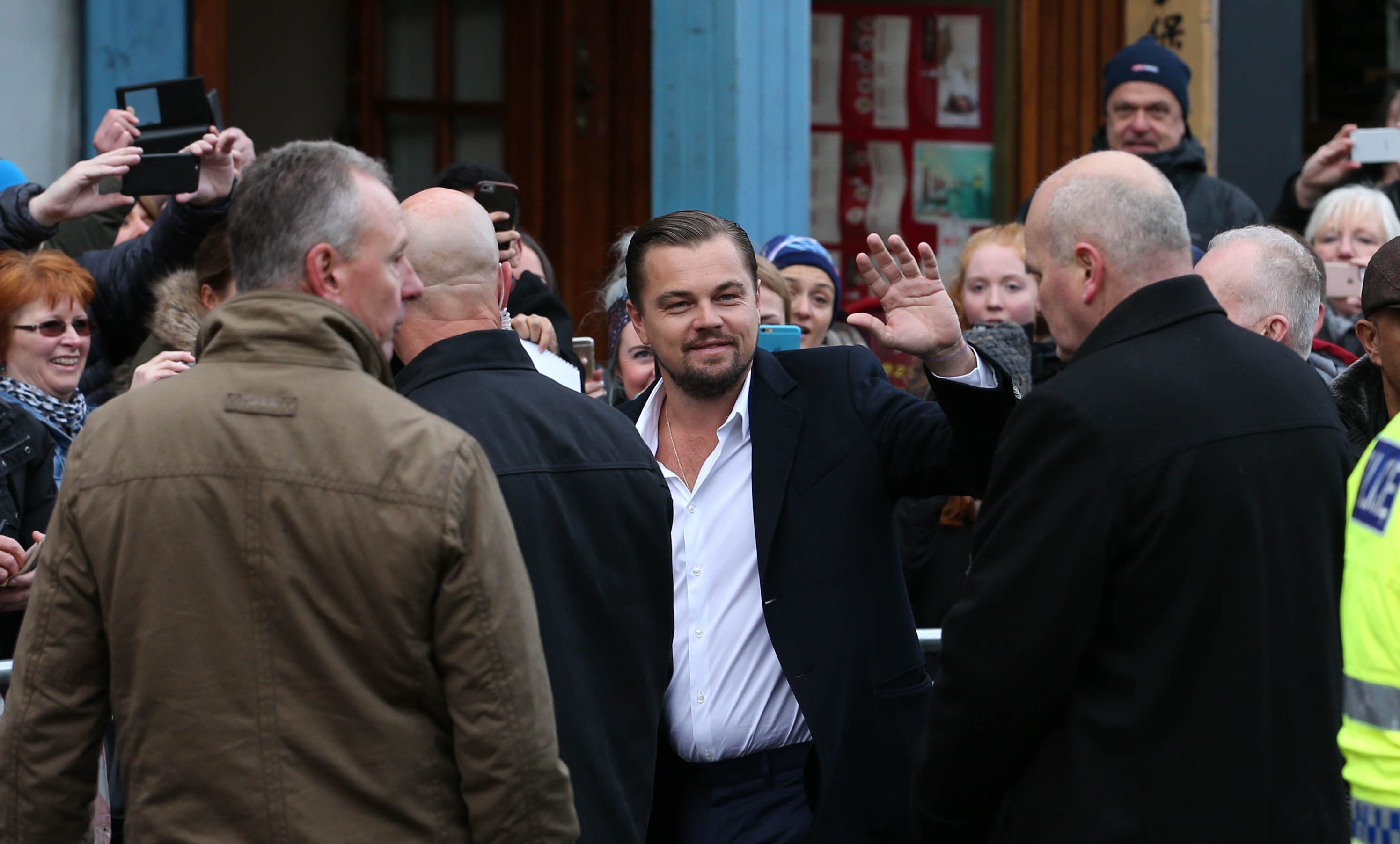 Leonardo DiCaprio arrives at the Social Bite cafe.