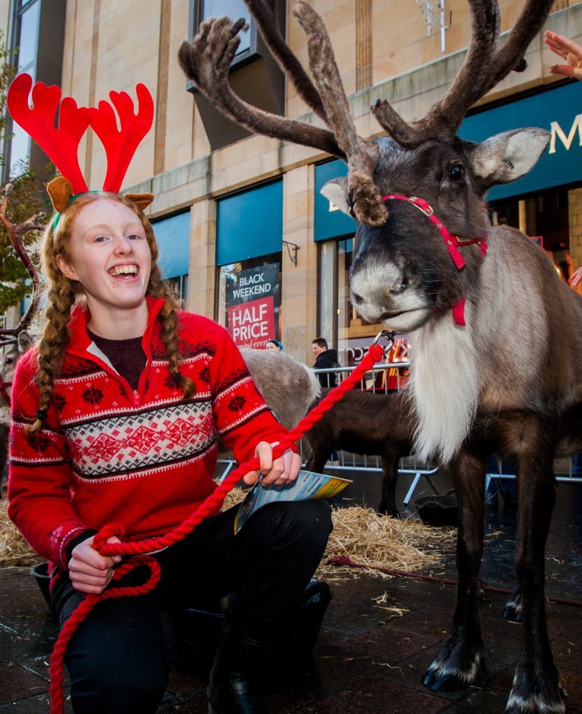 Kirsty Simmons (aged 15) from Cairngorm Reindeer, alongside 'Olympic' (a 4 year old reindeer) at Perth ~Christmas market