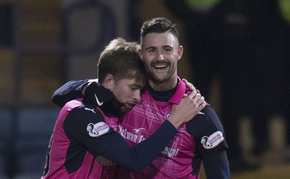 Marcus Haber, right, celebrates his goal with Craig Wighton.