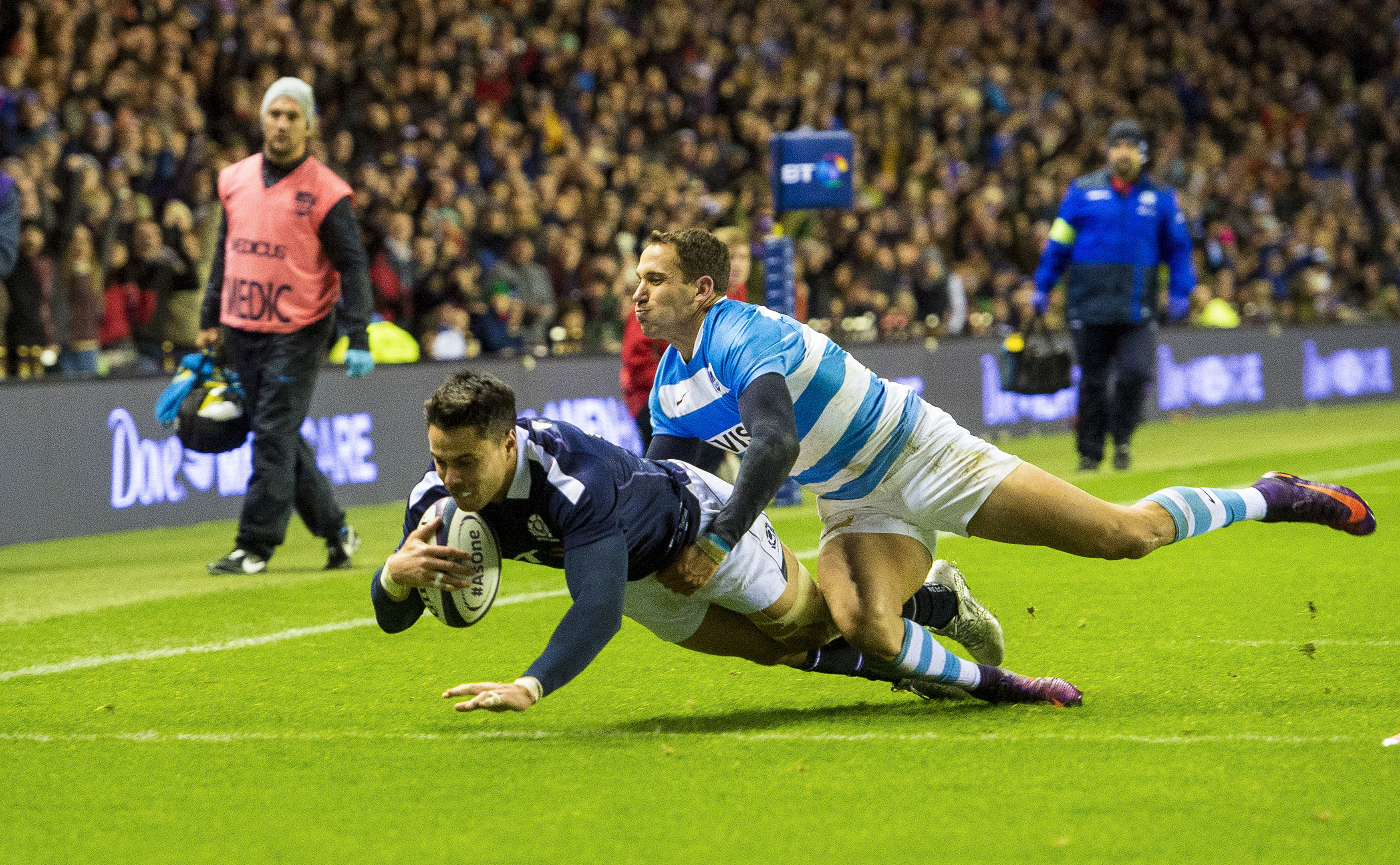 Sean Maitland scores Scotland's try against Argentina.