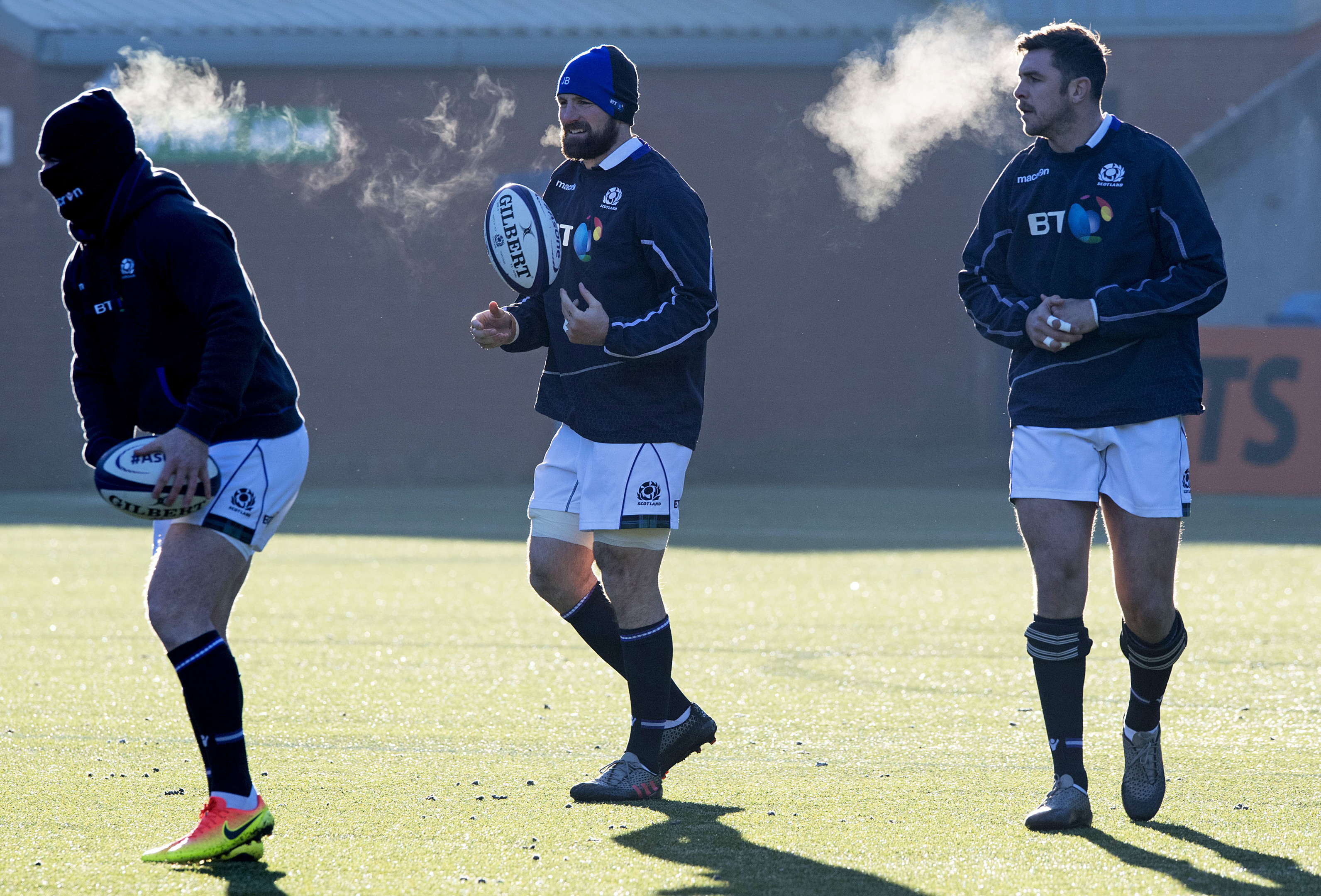 Stuart Hogg, John Barclay and Ryan Wilson brave the sub-zero temperatures at the captain's run at Rugby Park.