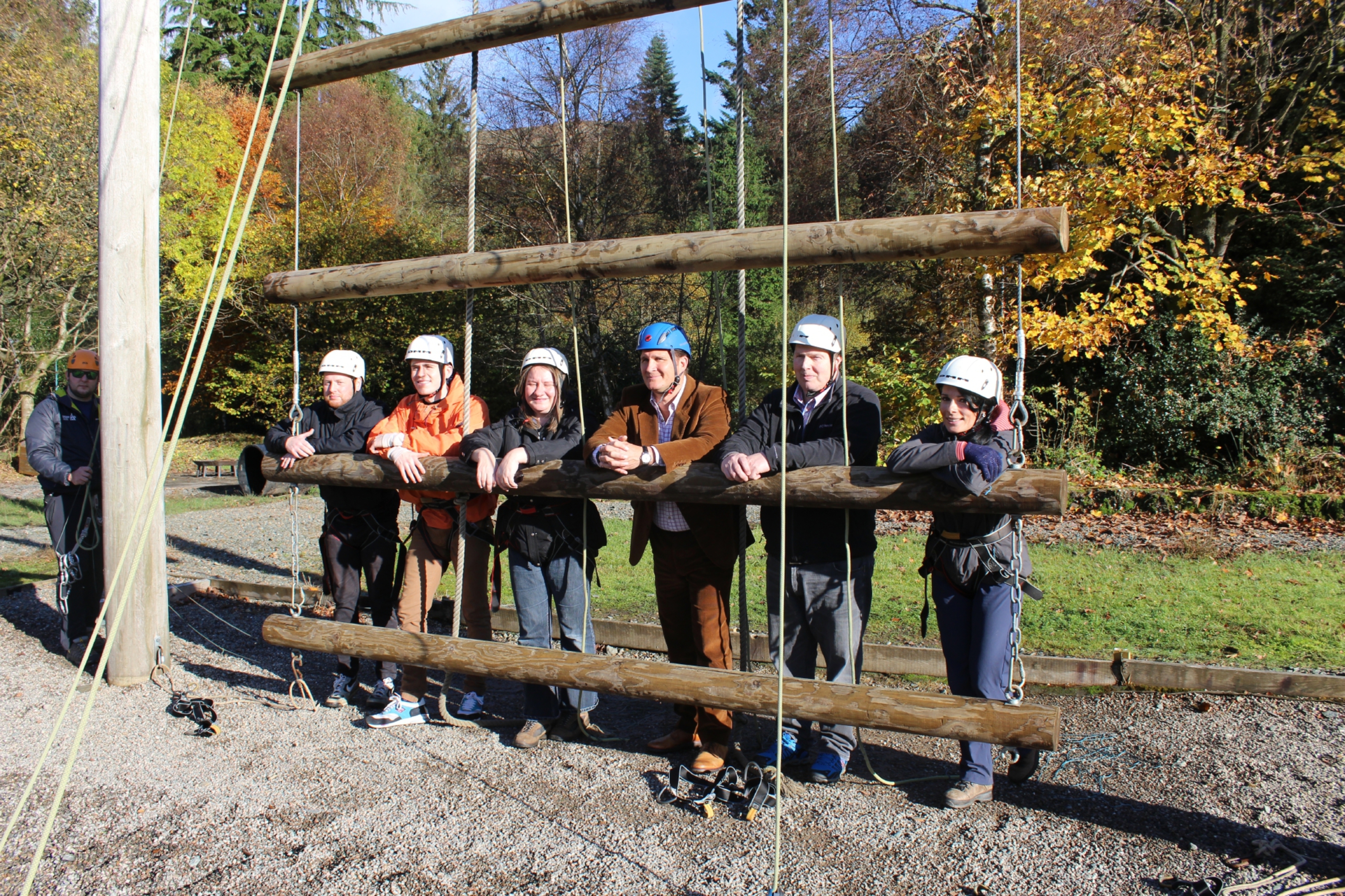 Gayle (far right) channels her inner Bear Grylls along with Scouts Scotland honorary president Chris Tiso (wearing blue helmet) and others.