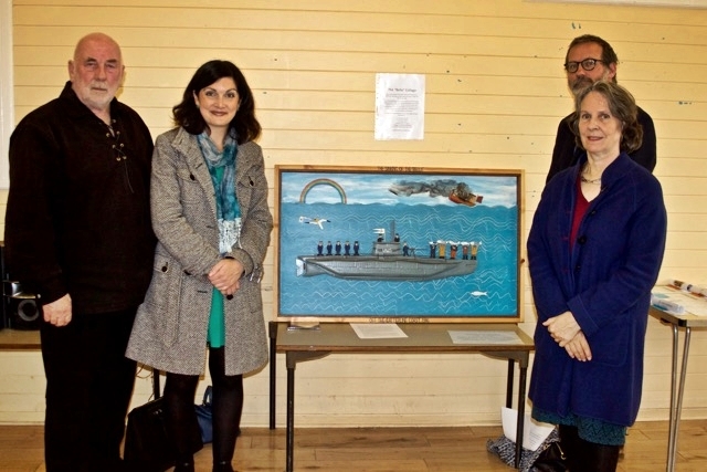 From left: Dave Ramsay, Gourdon PS head teacher Angela Wells Catterline artist Stuart Buchanan, and Viscountess Arbuthnott at the opening of the display of pupils’ work in Kinneff Village Hall.