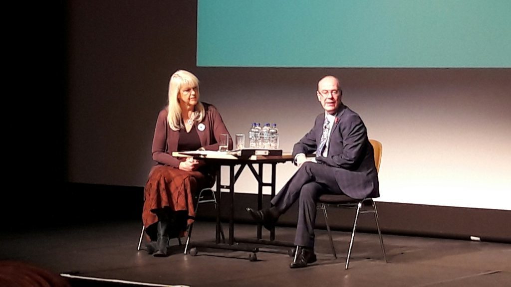 Broadcaster Lesley Riddoch on stage in Kirkcaldy with Local Government Minister Kevin Stewart