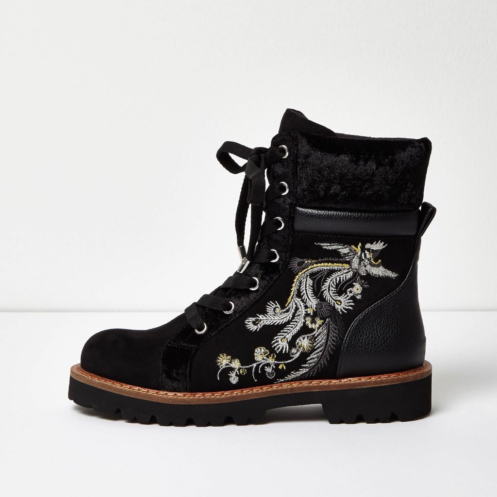 Black embroidered panel utility boots, £60.