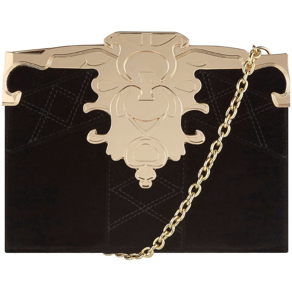 Black and gold tone patchwork velvet clutch, £40.