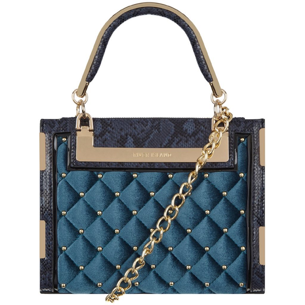 Blue quilted velvet stud mini tote bag, £50.