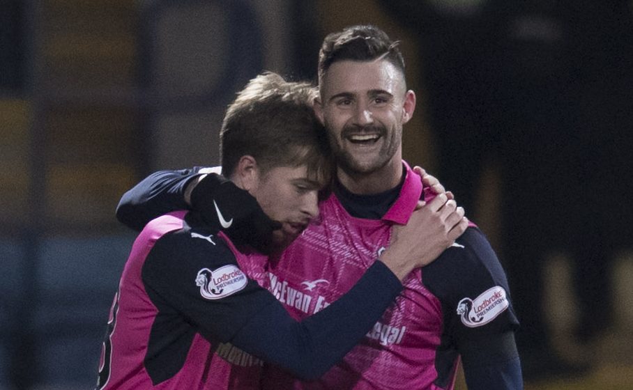 Craig Wighton, left, celebrates with strike partner Marcus Haber after the Canadian scored against Motherwell.