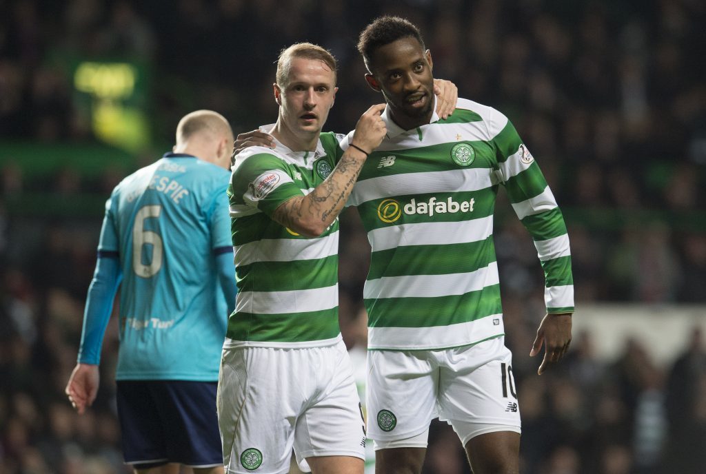 Celtic's Leigh Griffiths celebrates his goal against Hamilton with team-mate Moussa Dembele.
