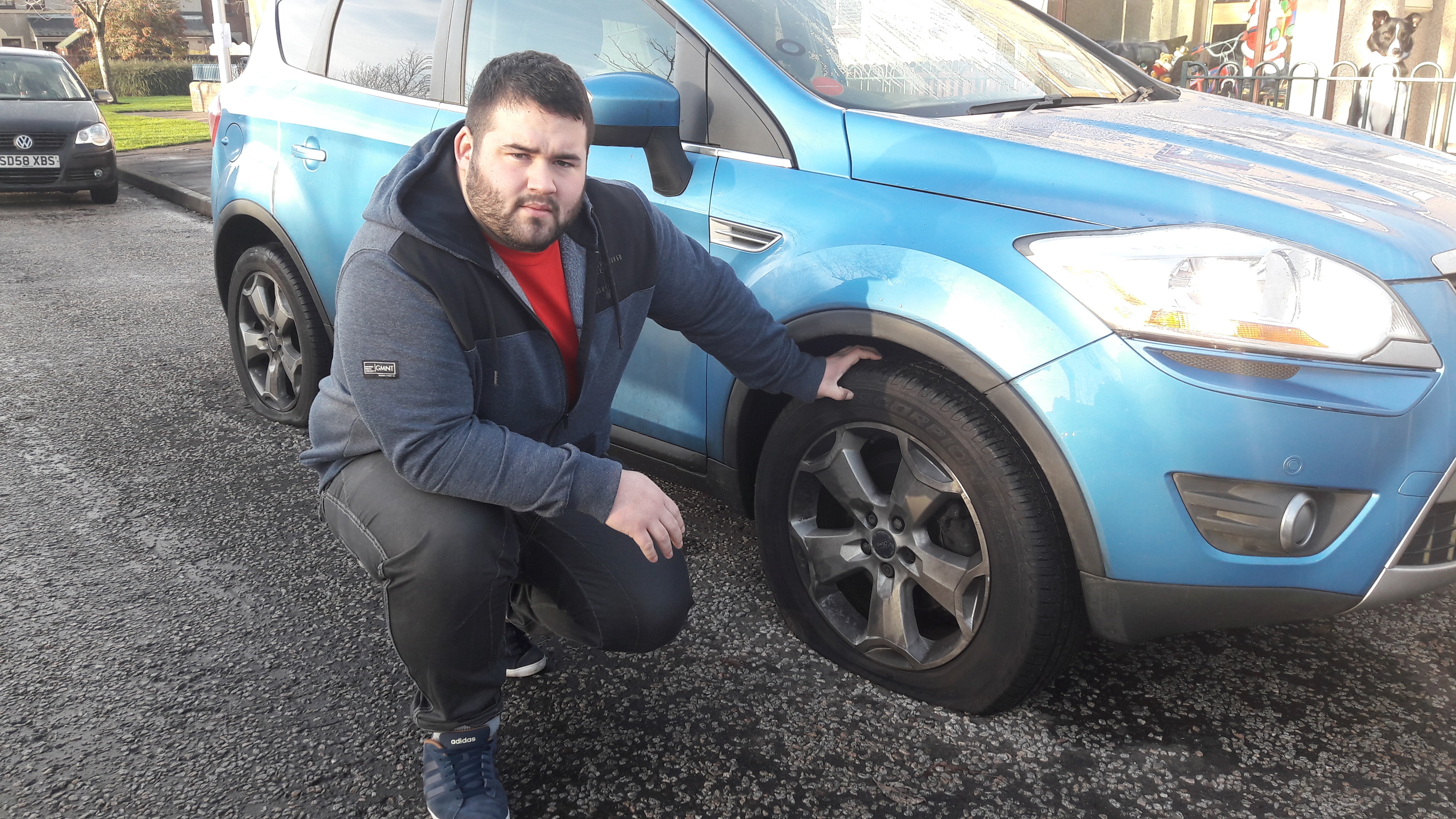 James Sadio had both offside tyres on his Ford damaged.