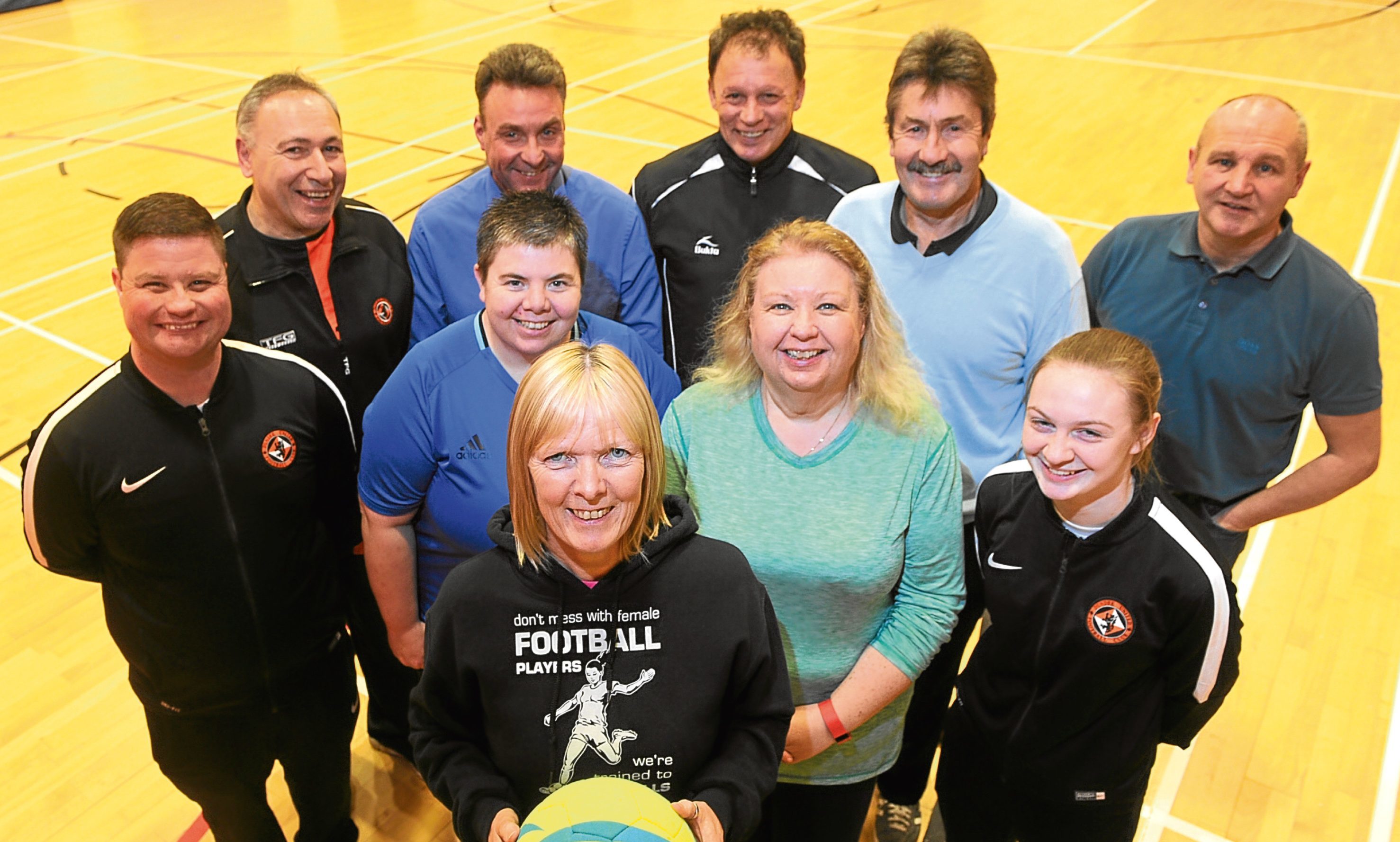 Back l to r - Jamie Kirk (Utd4All community trust manager), Mike Barile, Colin Stewart, John Holt, Hamish McAlpine and John Reilly. Front - Laura Sim, Margaret Symington, Susan Clelland and Lauren Dickson (Utd4All project assistant).