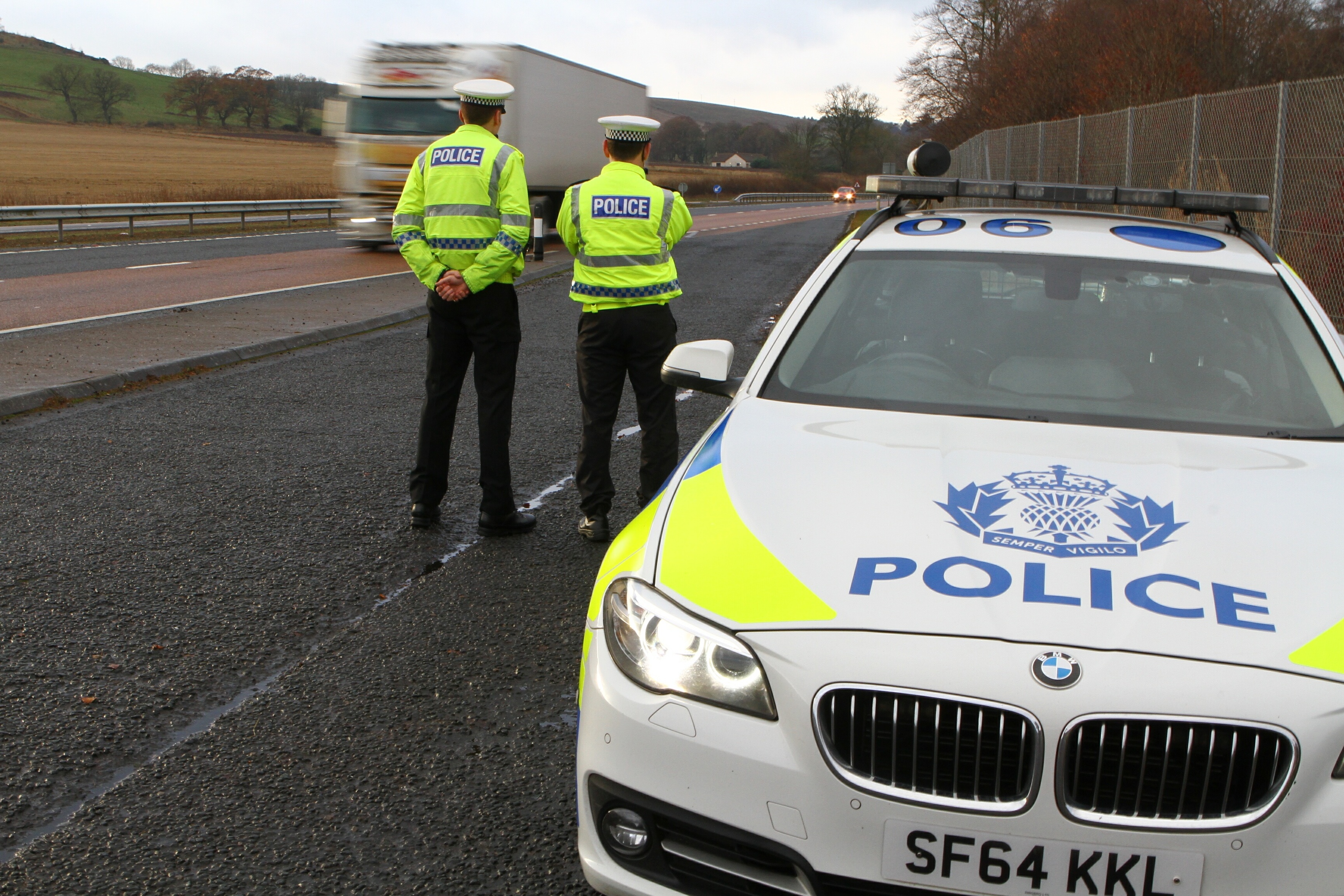 Carrying out a speed check on the northbound carrigeway of the A90, near Justinhaugh.