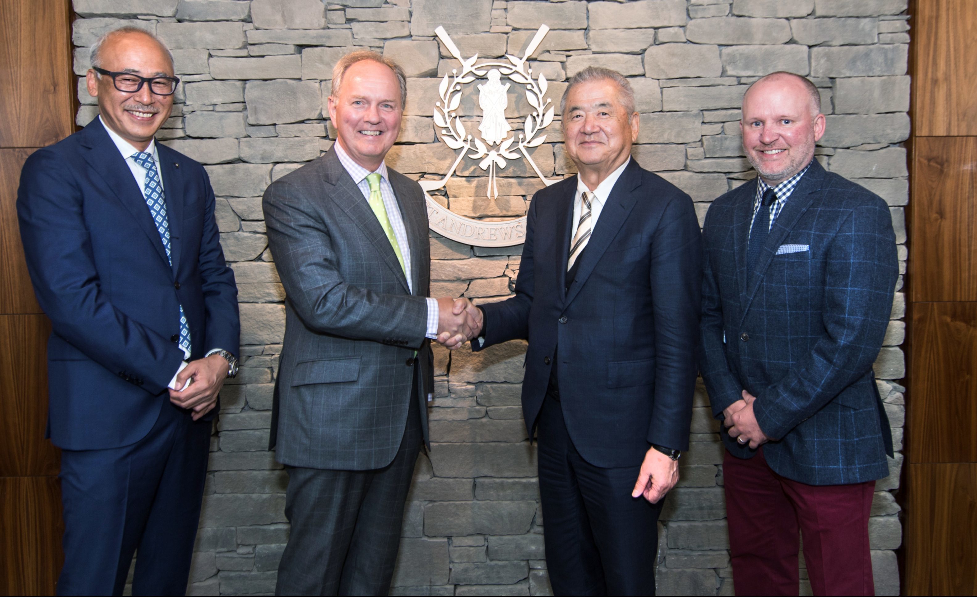 Manabu Senza,  president TSI Groove & Sports, St Andrews Links CEO Euan Loudon, Masahiko Miyake, chairman TSI Holdings,  and Danny Campbell, commercial director St Andrews Links celebrate the new partnership.