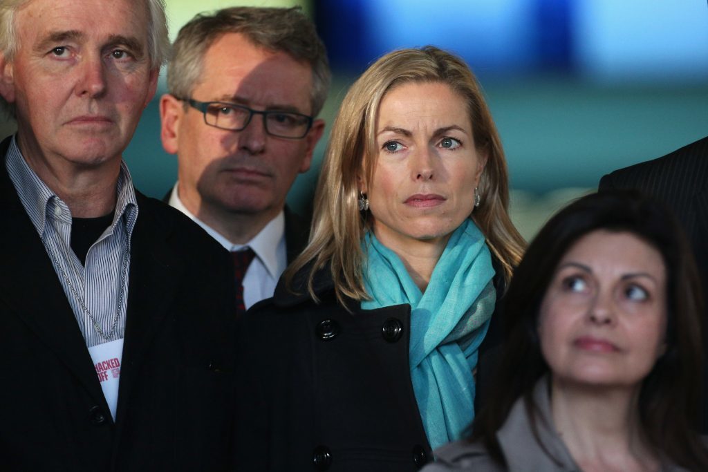 Kate McCann (C) joins members of the 'Hacked Off' campaign group to address the media outside the Queen Elizabeth II conference centre following the publishing of the Leveson Inquiry on November 29, 2012.
