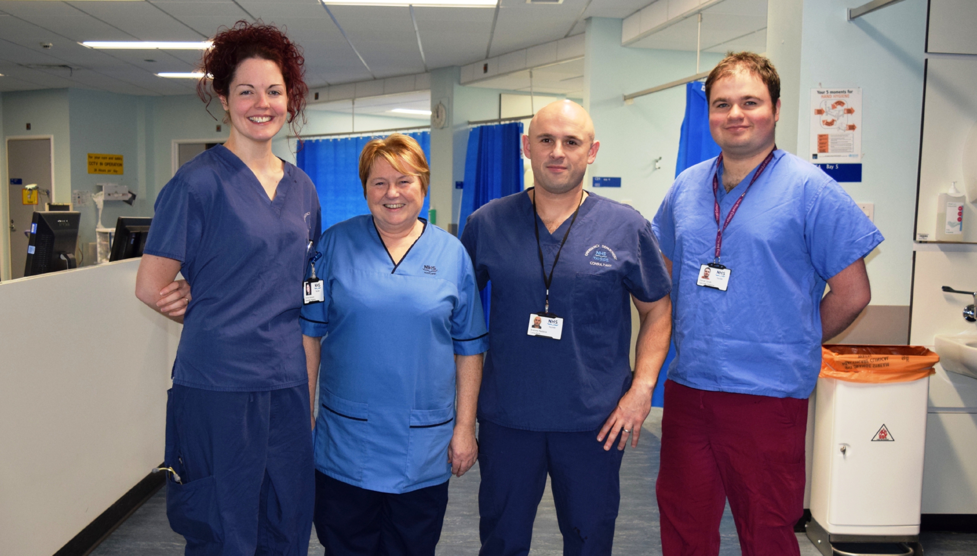 Specialist registrar Dr Emma Kenyon, emergency nurse practitioner Moira MacLeod, emergency consultant Dr Andy Reddick and core trainee Keiran Smith