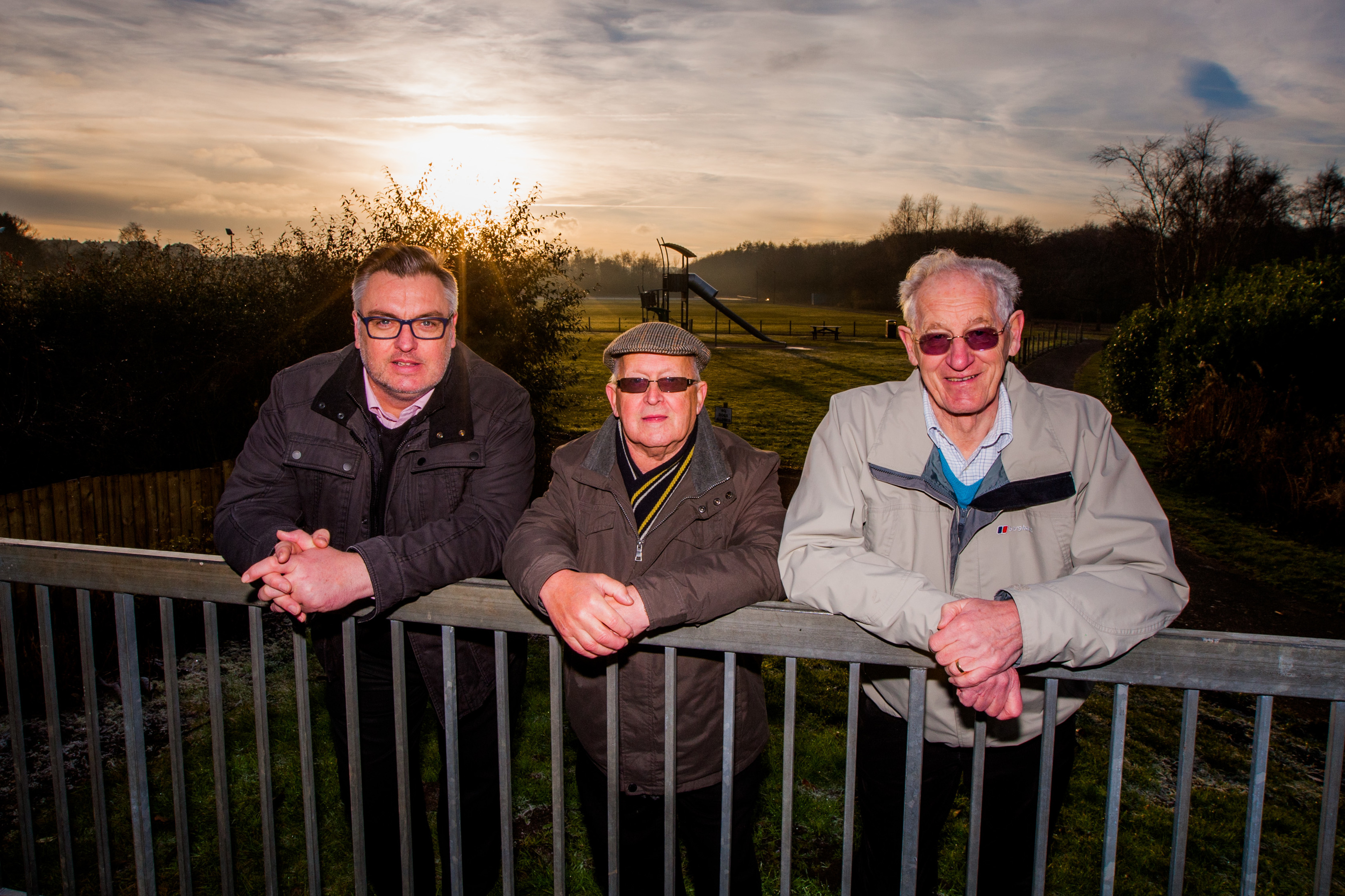 Picture shows (left to right) Councillor Mark Hood alongside Andrew Brown and David Taylor (both Community Council) at the entrance to Wallsgreen Park in Cardenden - the site of one of the proposed projects.