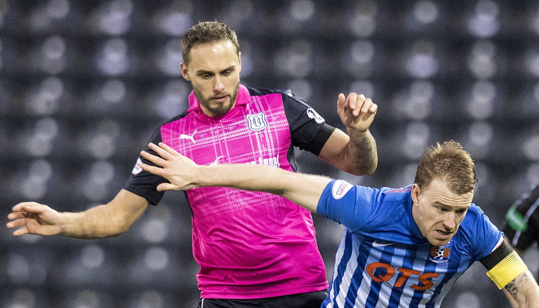 Tom Hateley, left, in action for Dundee at Rugby Park.