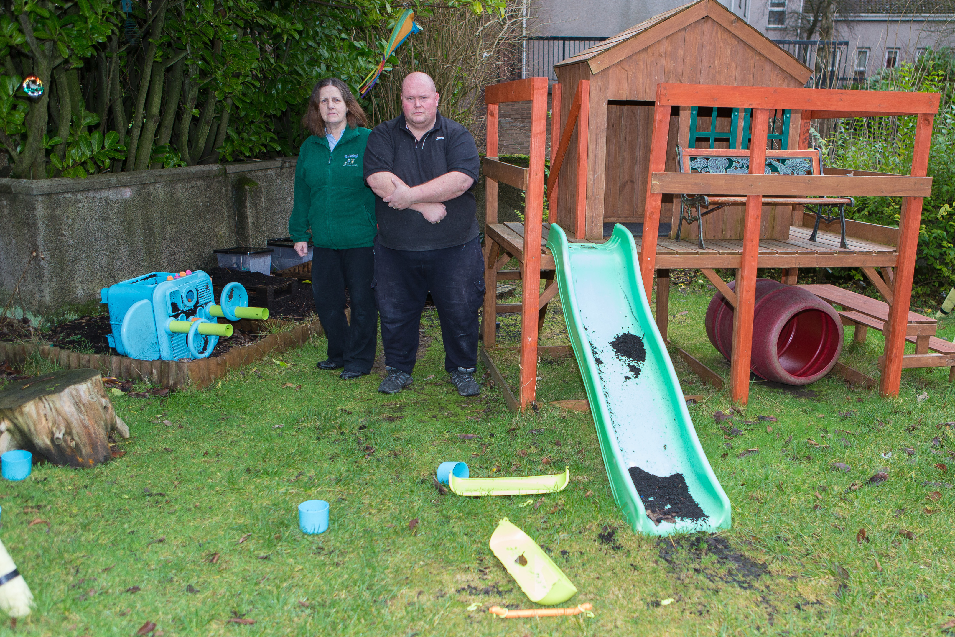 June and Brian Miller assess the damage at Rascals Nursery in Cowdenbeath.