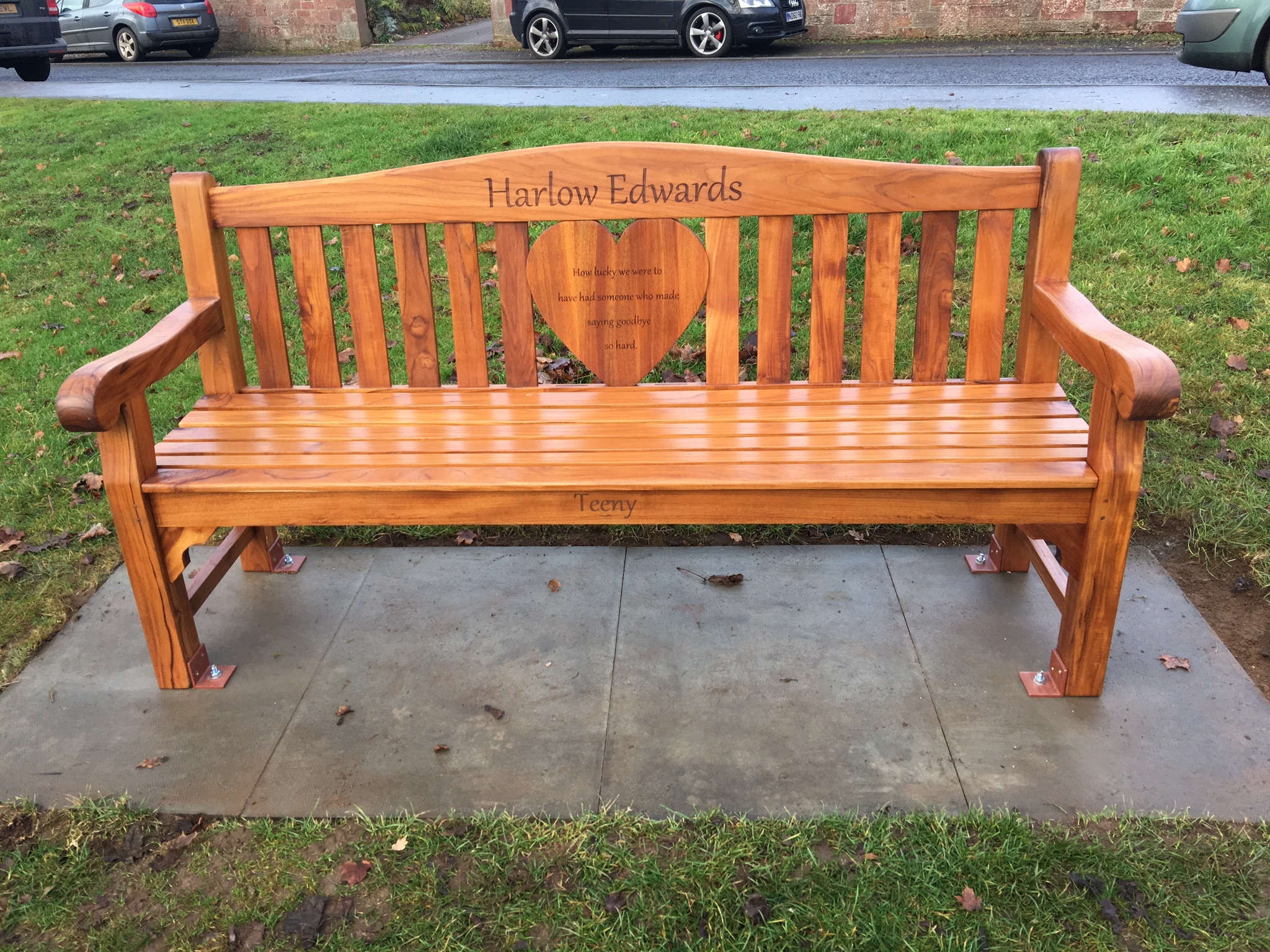The memorial bench for Harlow Edwards which is located at the Common, Coupar Angus.