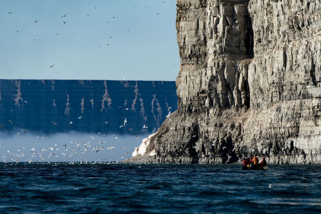 The Zodiac cruise beneath the cliffs of Prince Leopold Island, Canadian High Arctic. =