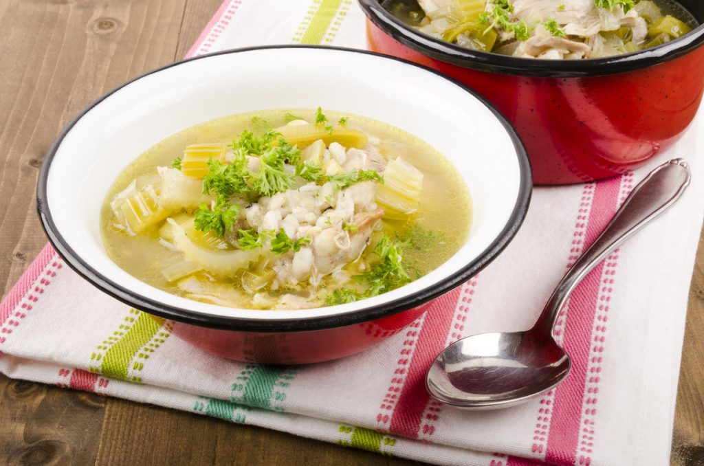 cock a leekie soup with leeks and celery