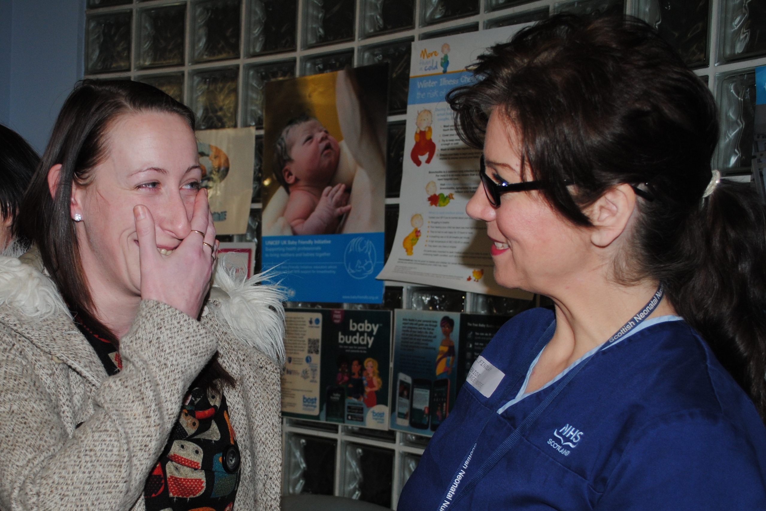 Amy-Louise and senior charge nurse Alison Findlay catch up during the get-together.