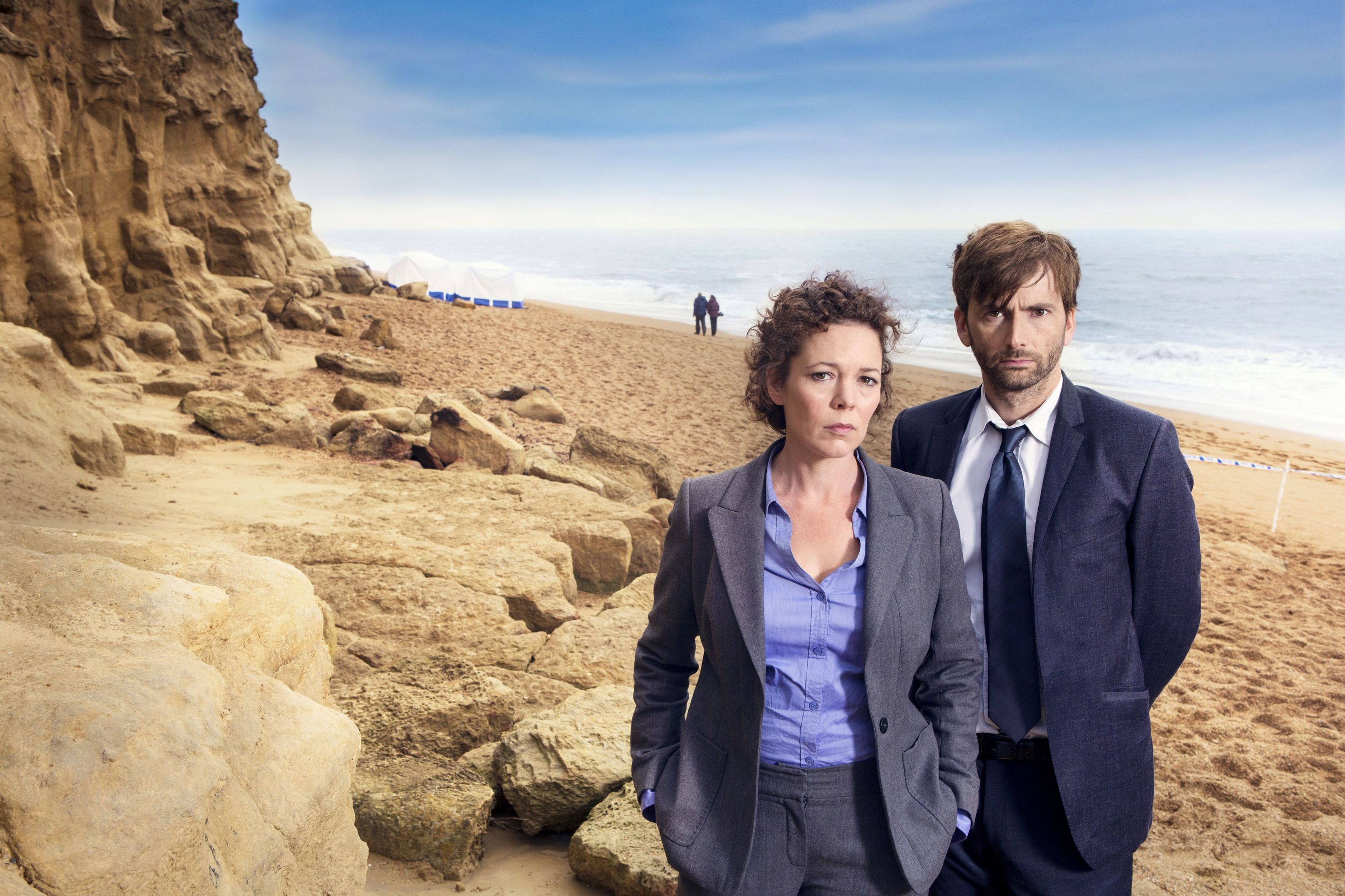 David Tennant and Olivia Colman in their roles as Detective Inspector Alec Hardy and Detective Sergeant Ellie Miller in Broadchurch.