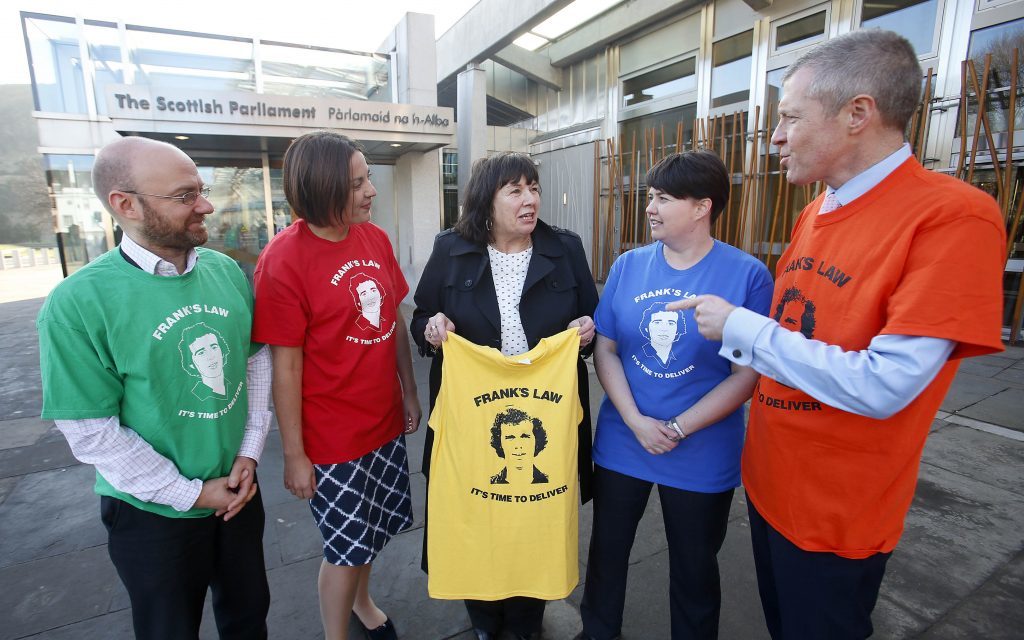 fbpic- FRANK'S LAW HOLYROOD. PIC SHOWS(L-R) Patrick Harvie MSP Scottish Green Leader, Kezia Dugdale MSP Scottish Labour Leader, Amanda Kopel Campaigner holding SNP T-shirt, Ruth Davidson MSP Scottish Conservative Leader and Willie Rennie MSP Scottish Libdem Leader.