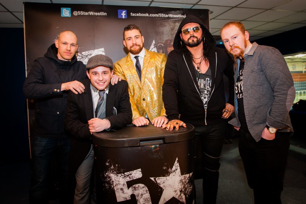 From left — Kid Fite, Lou King Sharp, "Local Hero" Joe Hendry, Jack Jester, and Irvine Garrett. 