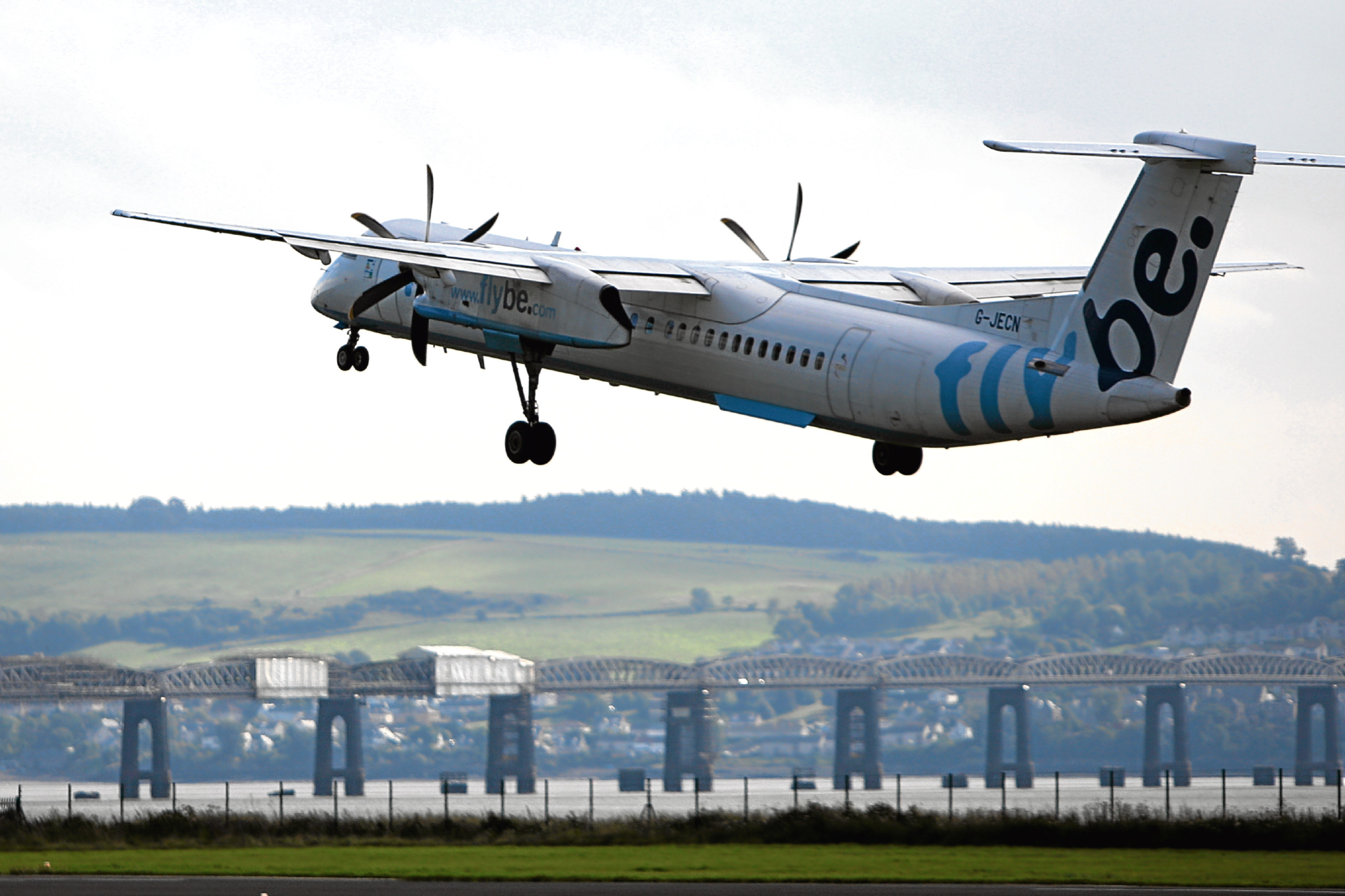 A FlyBe flight taking off from Dundee for Amsterdam. Flights were later scrapped.