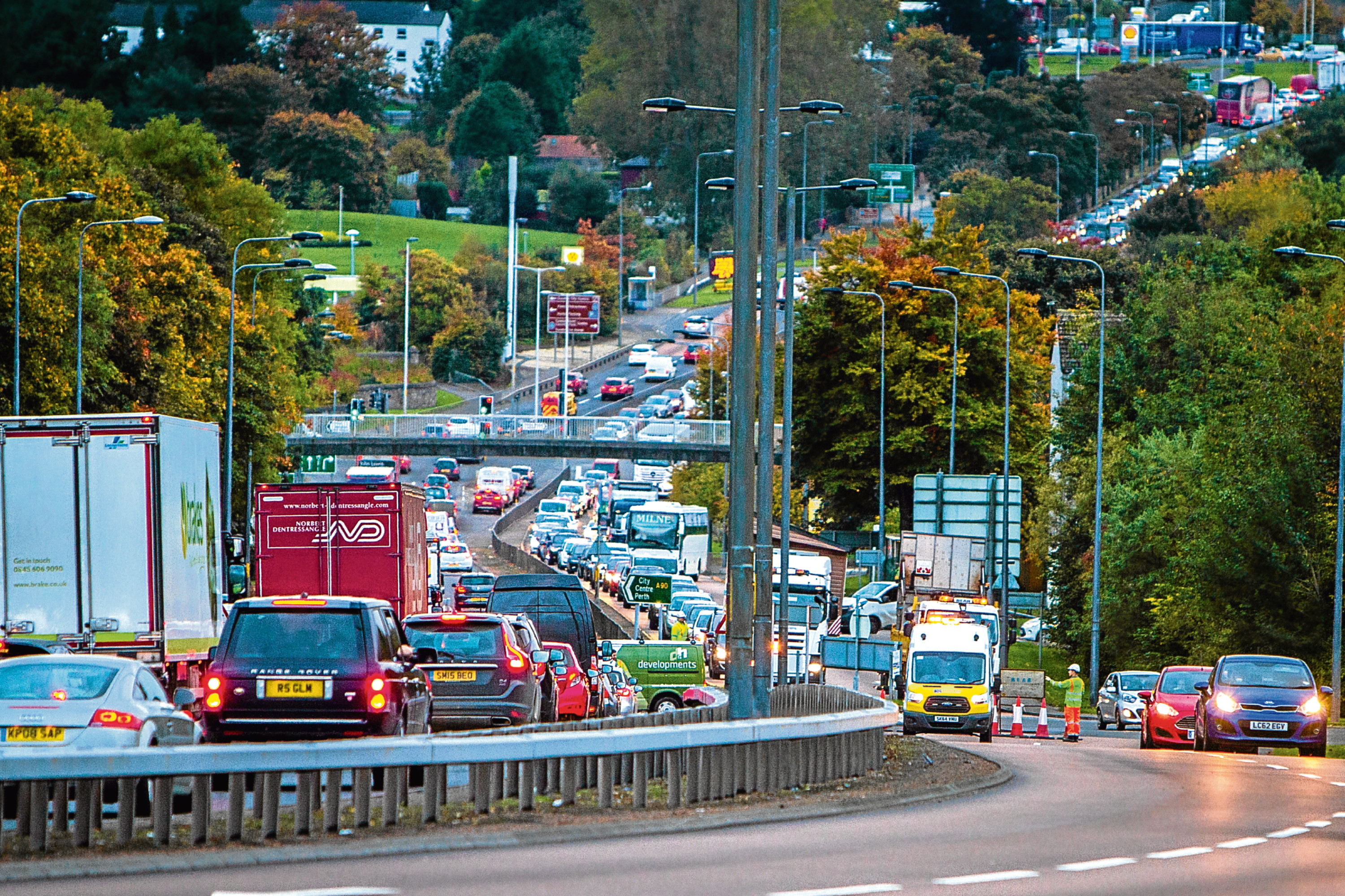 Queuing traffic in both directions at the Fintry Drive junction with Forfar Road, Dundee.