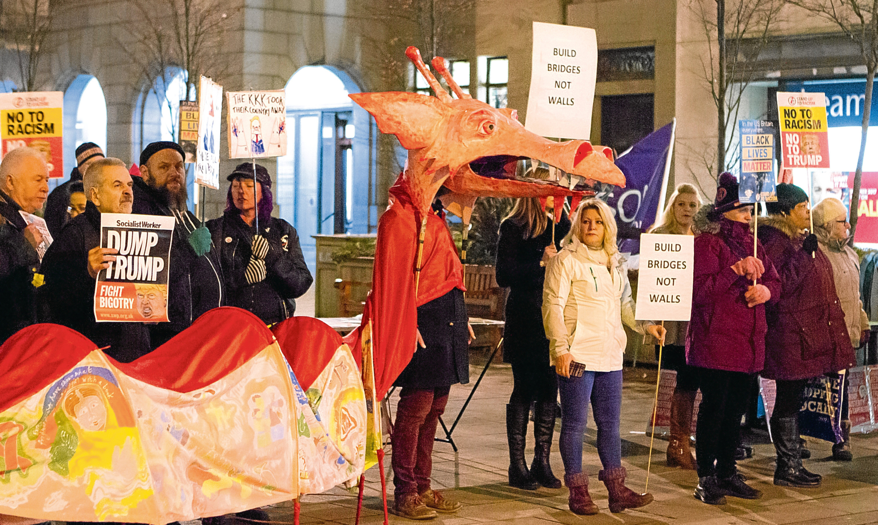 Demonstrators at the anti-Trump protest in City Square, Dundee.