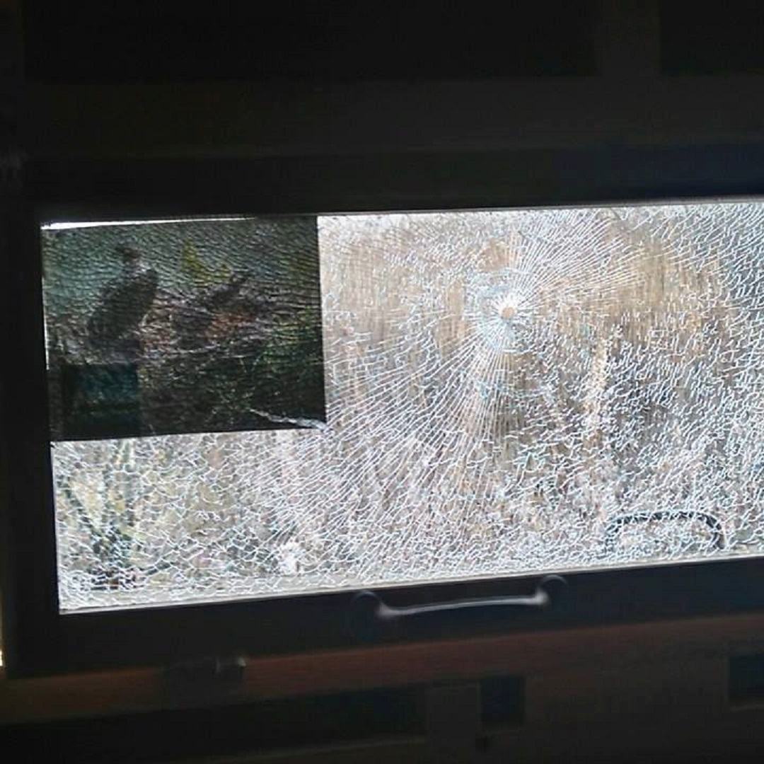 A window damaged by gun shot at Balgavies.