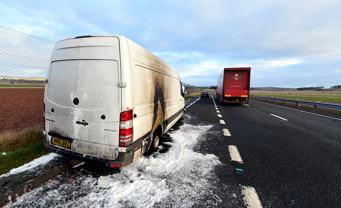 Van fire on the A90 north of Laurencekirk. Picture by Kami Thomson