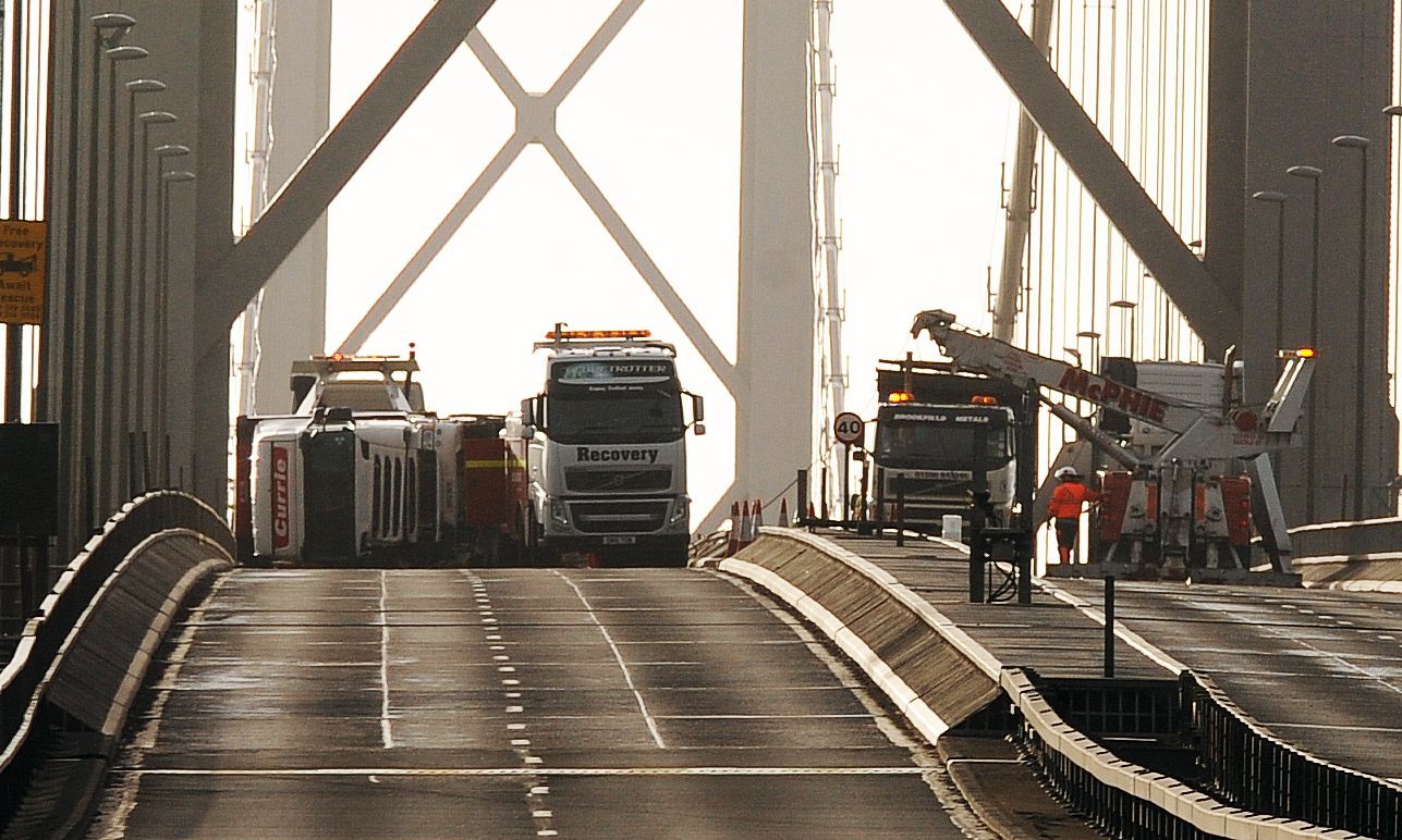 The lorry on its side on the Forth Road Bridge last week.