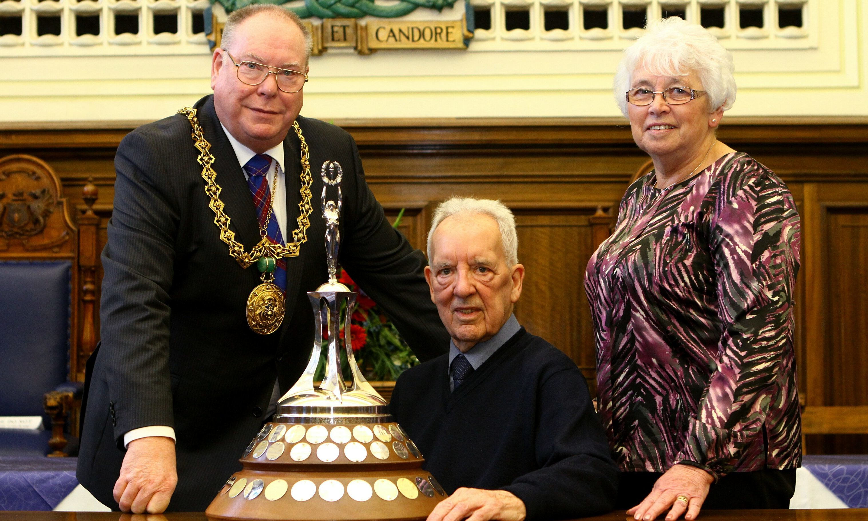 George Roberts, centre, and wife Marjory with Lord Provost Bob Duncan.