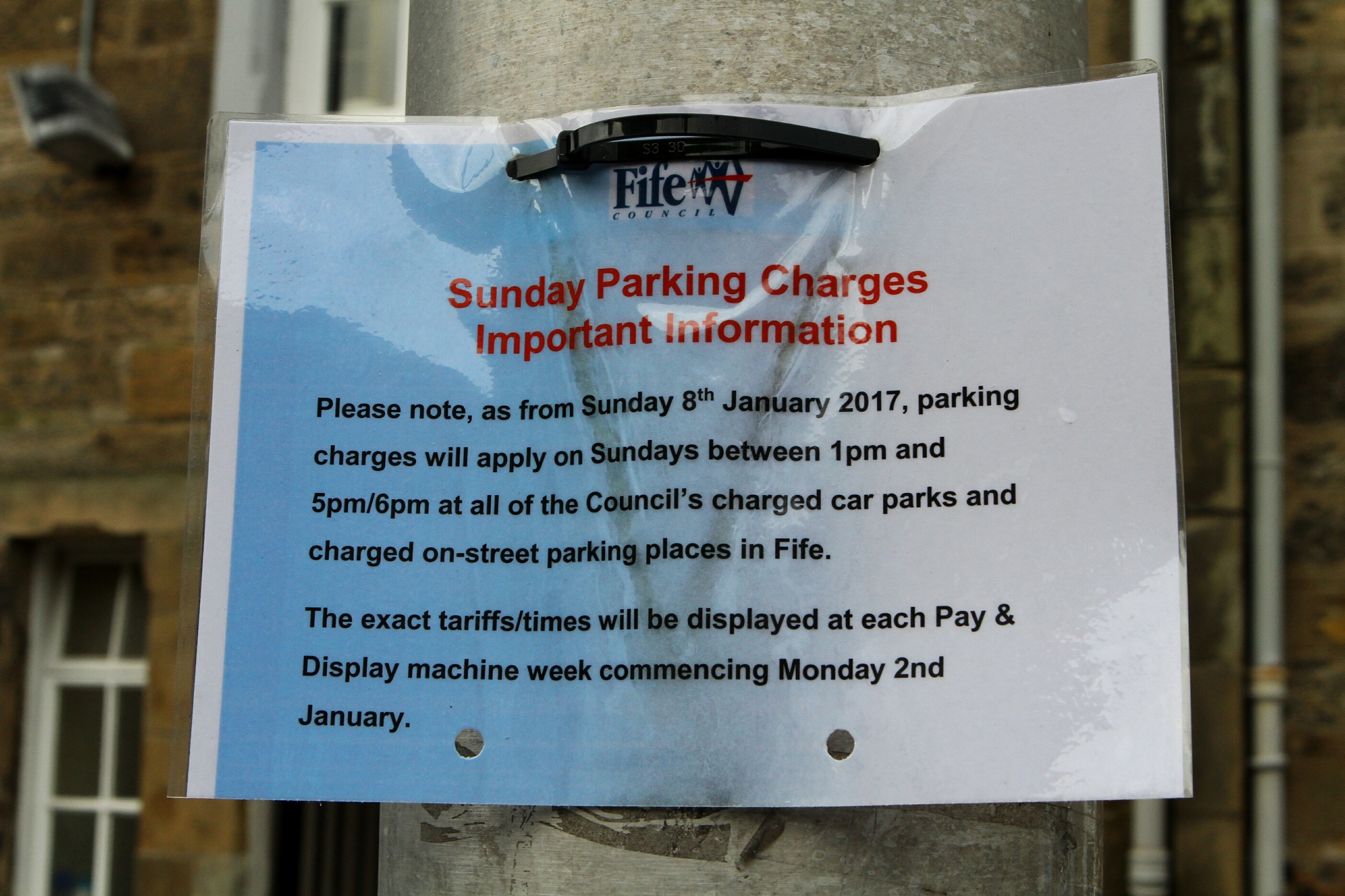 A notice of the changes in St Andrews on Sunday.