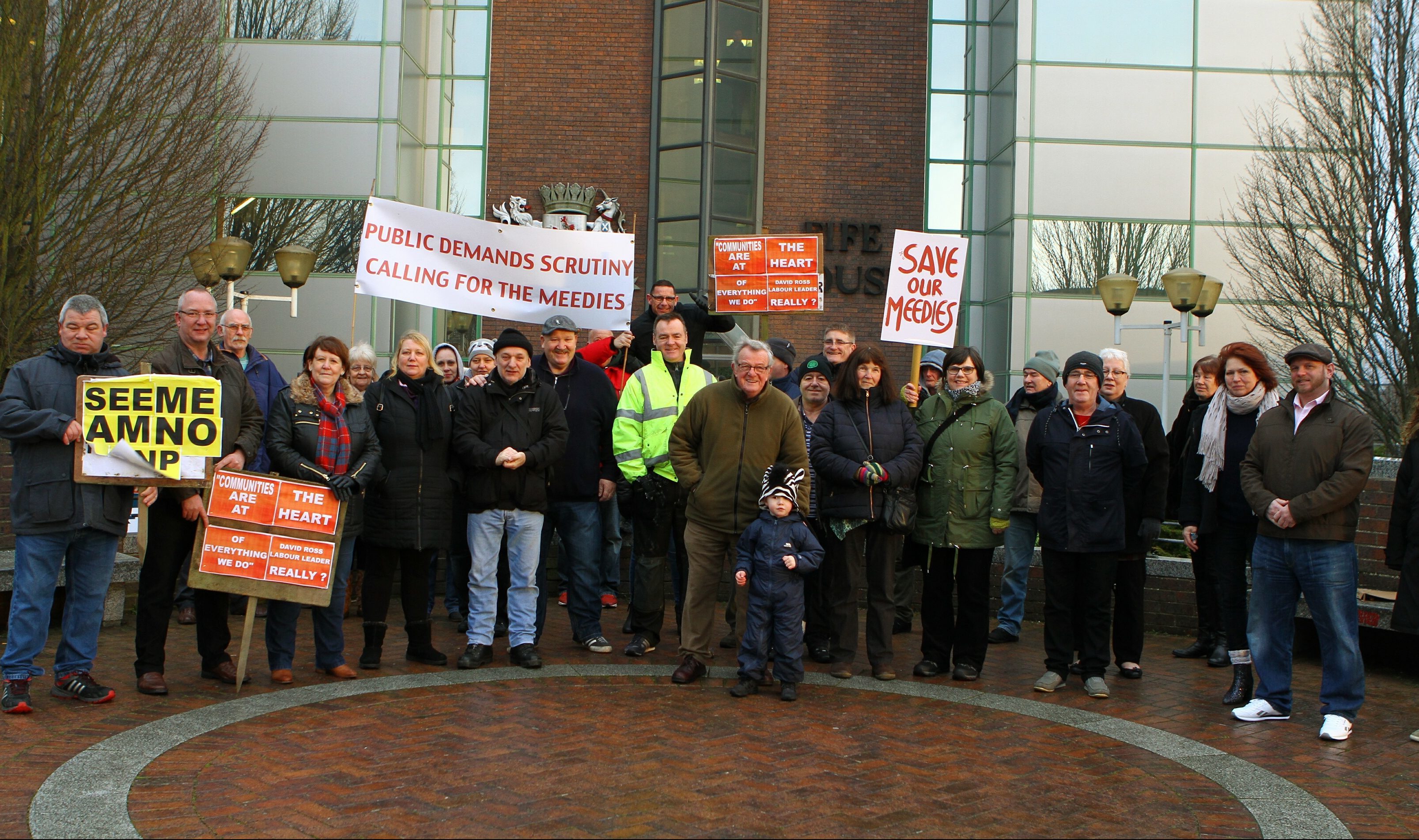 The group of Lochore Meadows protestors outside Fife House in Glenrothes, ahead of the Fife Council executive committee meeting.