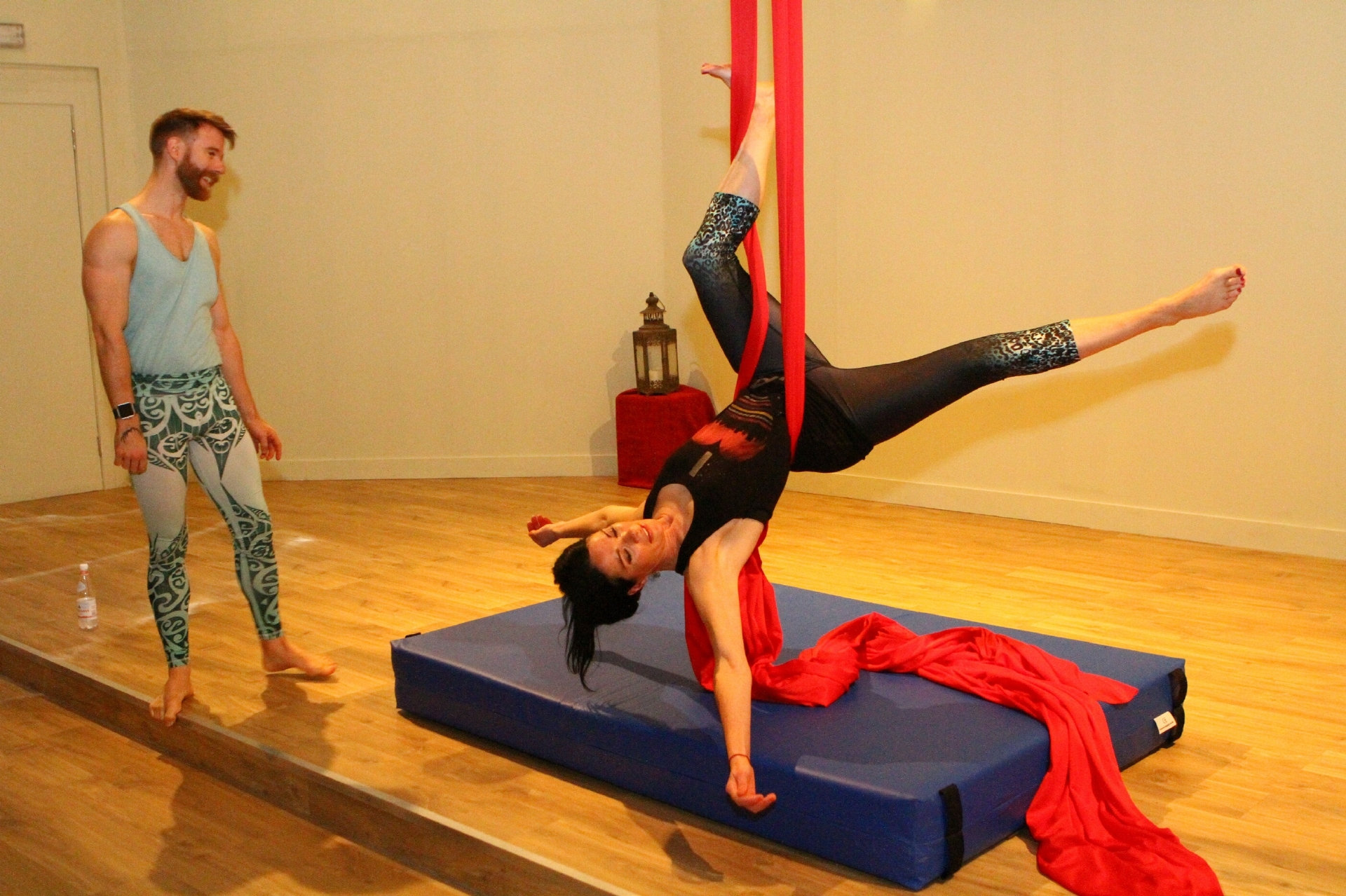 Finlay Wilson helps Gayle to get into aerial silks!