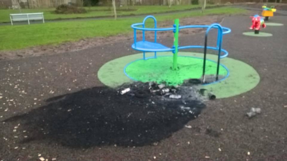 The damage to the play equipment at the 'Powrie' park.