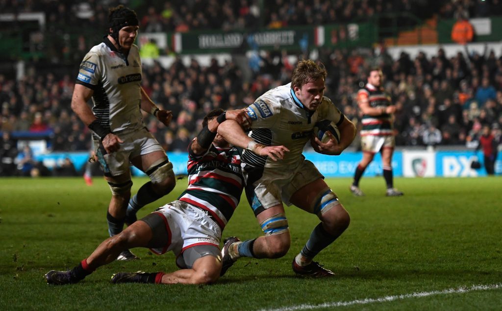 Captain Jonny Gray scores Glasgow's fourth try in their recent rout of Leicester.