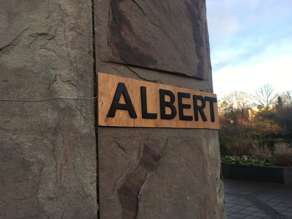 The new nameplate which has appeared on the Prince Albert monument.